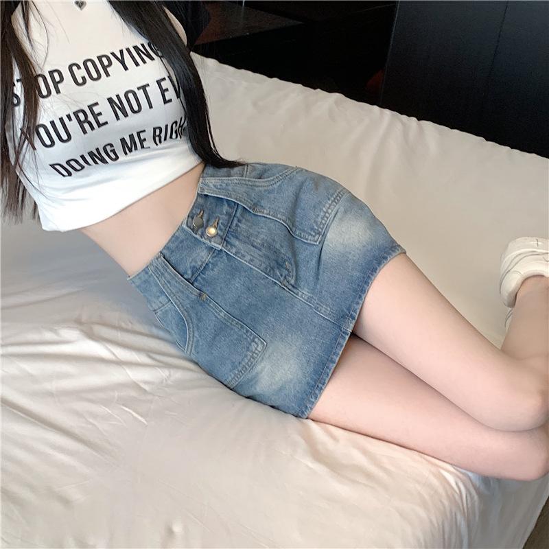 Saia Única com Design de Botão Duplo Cintura Alta Retrô Linha A Pacote Meio Corpo Quadril Saia Curta Calças Moda Feminina Verão Saia Curta Jeans