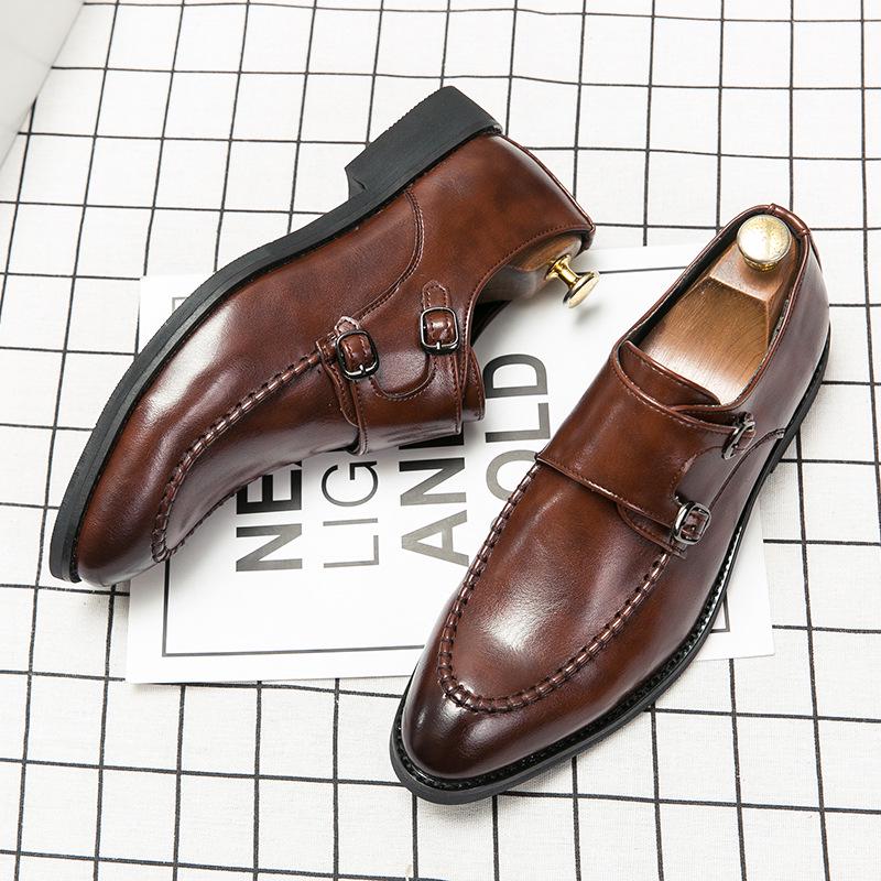 Men's Double Buckle Pointed Toe Leather Monk Shoes, Plus Size Formal Business Casual Footwear
