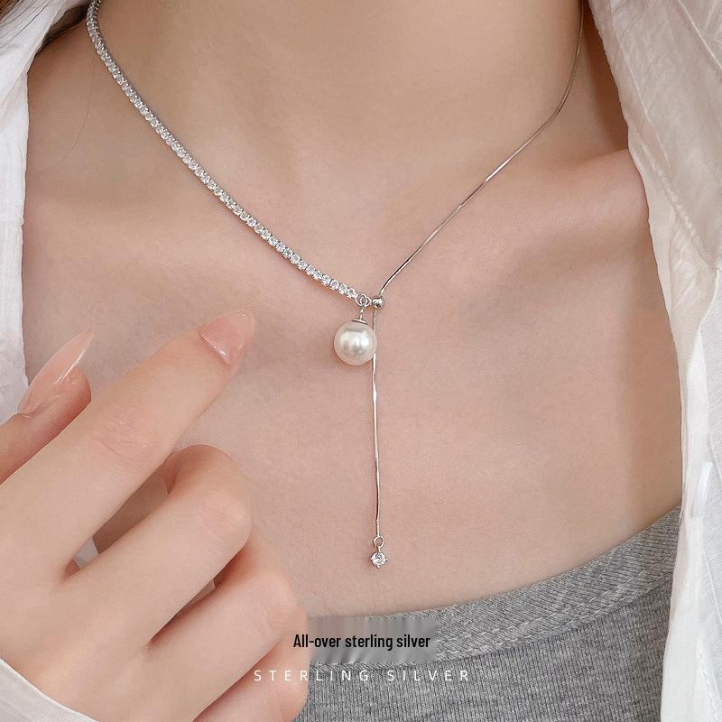 Cui Yan S925 Sterling Silver Korean Asymmetrical Long Necklace with Rhinestones & Pearl Clavicle Chain