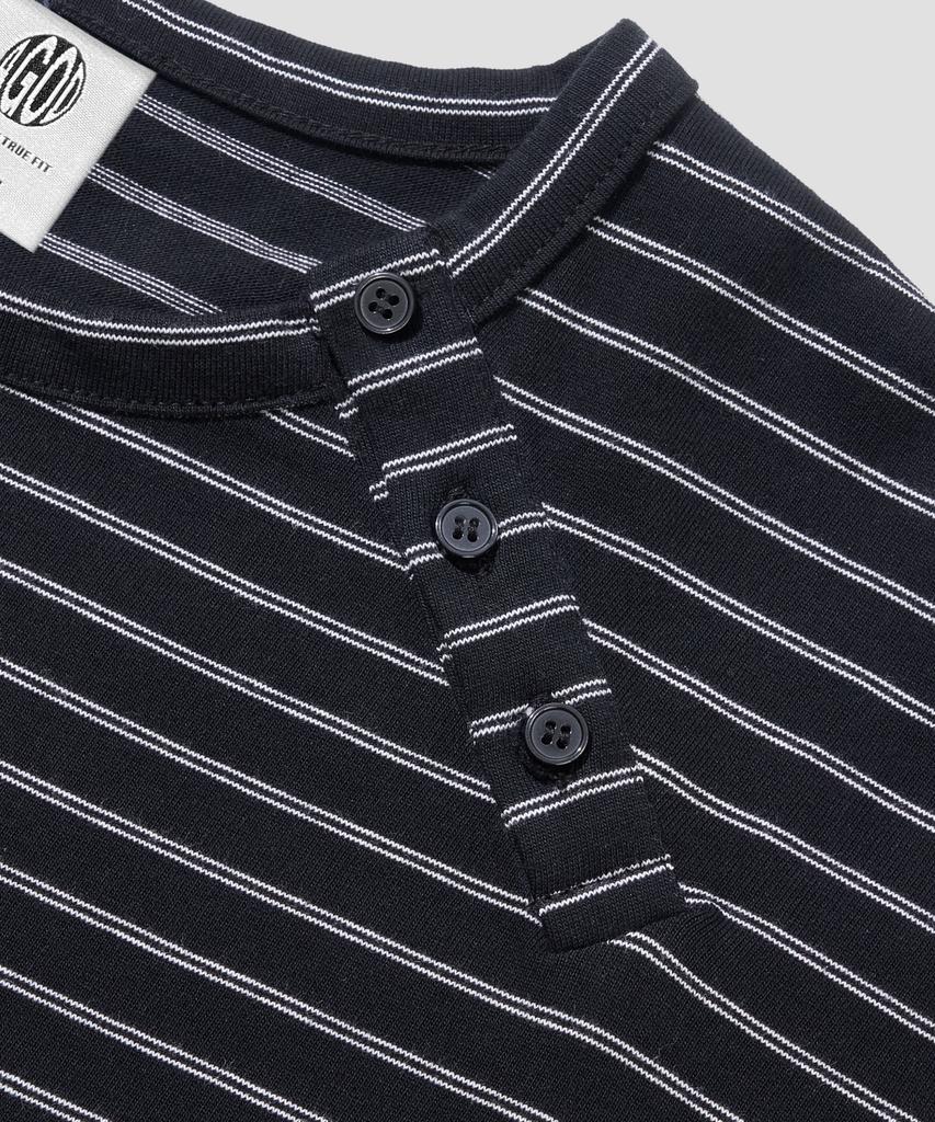 AGOD Camicia Henley con Bottoni Laterali a Righe Manica Lunga [Nero]