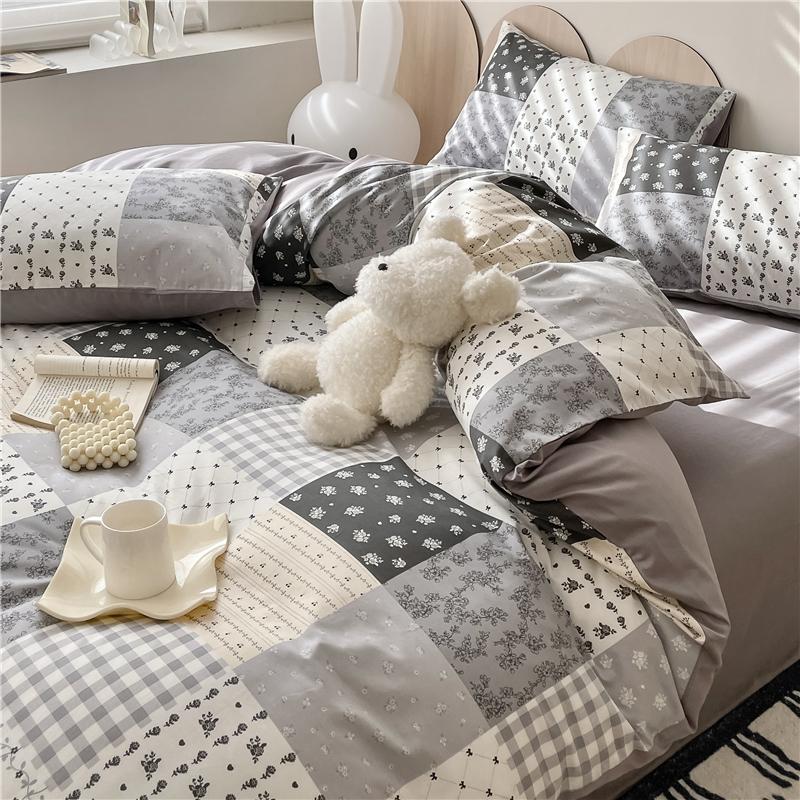 3Pcs Vintage Floral Plaid Pattern Duvet Cover Set 100% Cotton Ultra Soft Comforter Cover with Zipper Flowers Queen Bedding Set