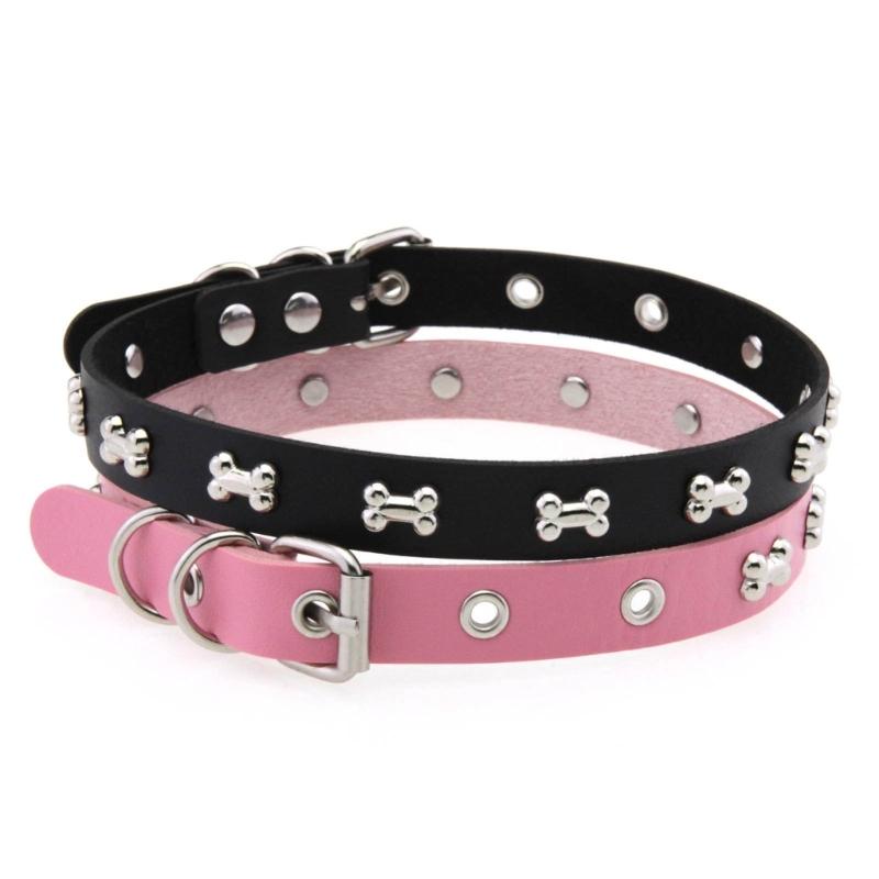 Punk Stil Leder Choker Halskette mit Knochenanhänger Verstellbarer Verschluss für ausgefallene Streetwear-Mode