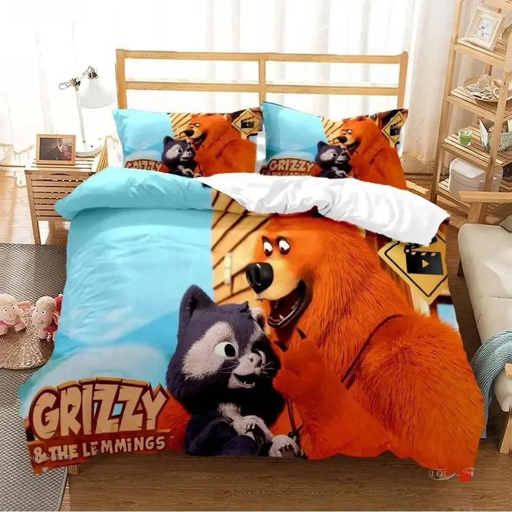 Grizzly & Die Lemminge Cartoon Anime Gedrucktes Bettset Bettbezug Kissenbezug Bettwäscheset Leinenlaken Steppdeckenbezug Queen King Size