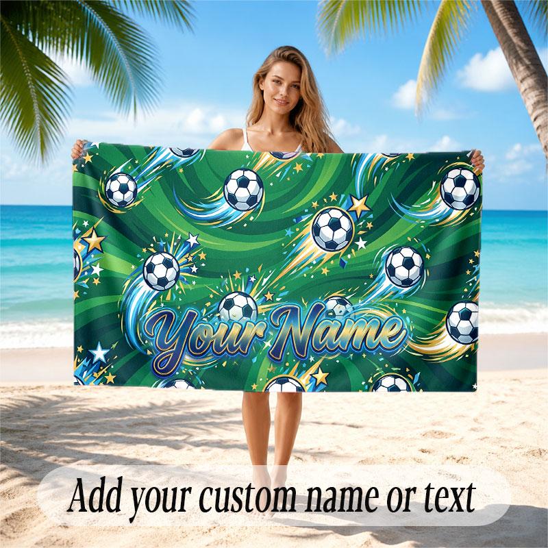 Soccer Theme Beach Towel Personalized Custom Name & Text Soft Quick Dry Beach Towel for Swimming Travel