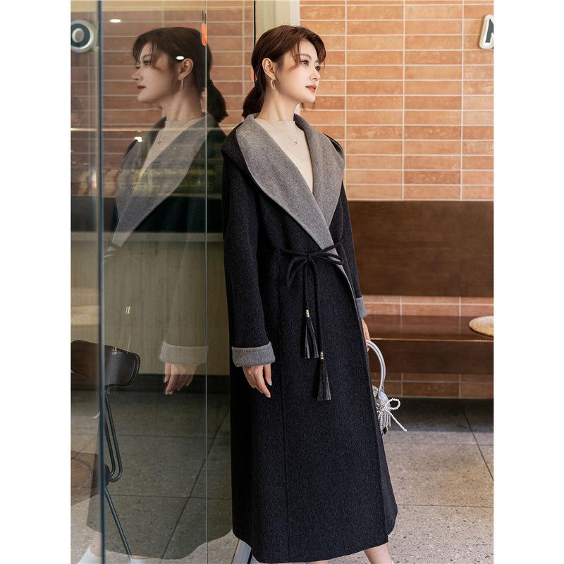 Hooded Double-Sided Long Wool Coat Bathrobe with Tie Waist - Autumn/Winter Korean Fashion Women's Outerwear