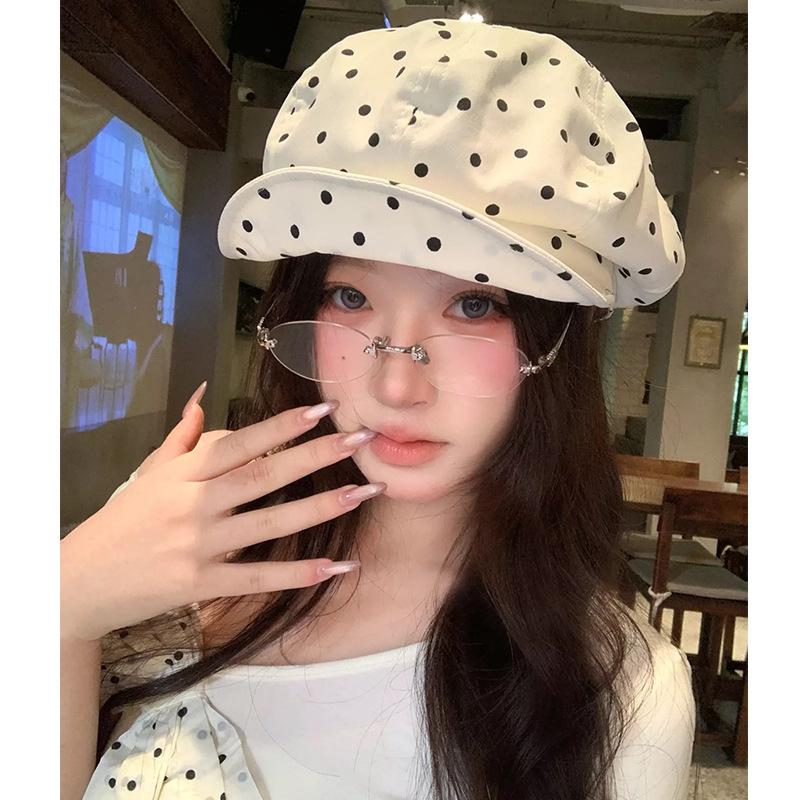 Korean Polka Dot Cloud Beret Female Spring And Summer Big Head Circumference Retro Versatile Painter Hat Showing Face Small Octagonal Hat