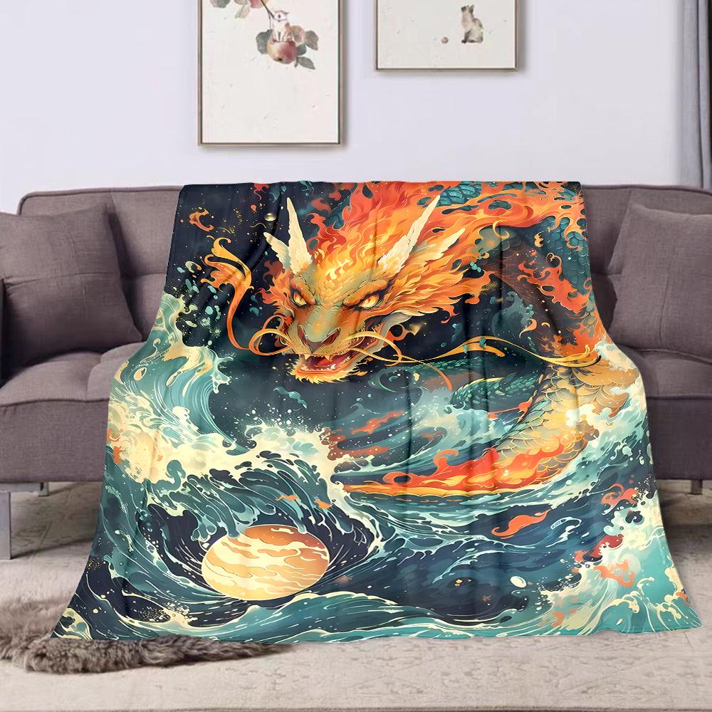 1PC Flaming dragon roaring ocean printed blanket all seasons multi-purpose blanket suitable for sofa, camping, travel, car