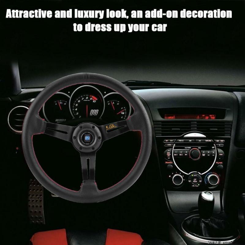 Red 350mm 14in Steering Wheel Universal Aluminum Frame Black Perforated Leather Car Steering Wheel W// Horn