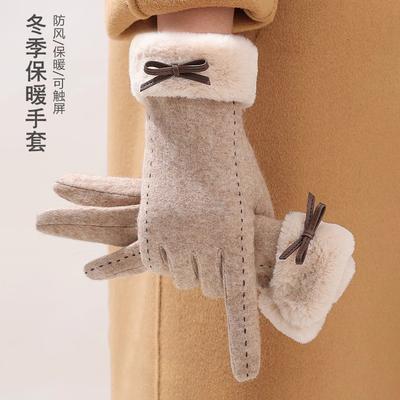 Wool Gloves Women's Fleece Warm 2025 Season Driving Bow Gloves