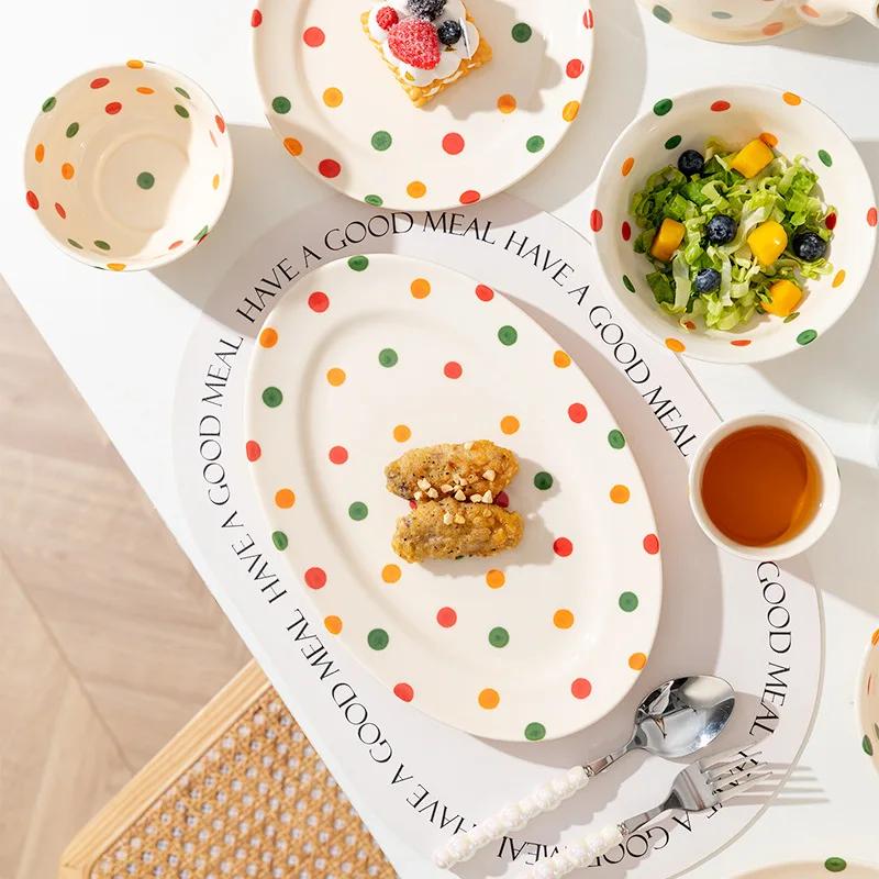 Vintage Polka Dot Bowls Plates Tableware High Aesthetic Value Ceramic Soup Bowls Plates Chopsticks Set