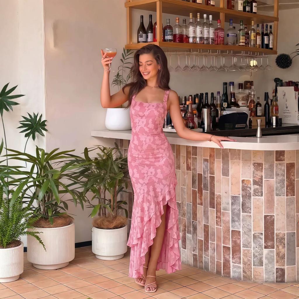European and American Women's Clothing Square Neck Suspender Dress Fashion Printing Irregular Ruffle Edge High Side Split Harpoon Tail Dress Skirt