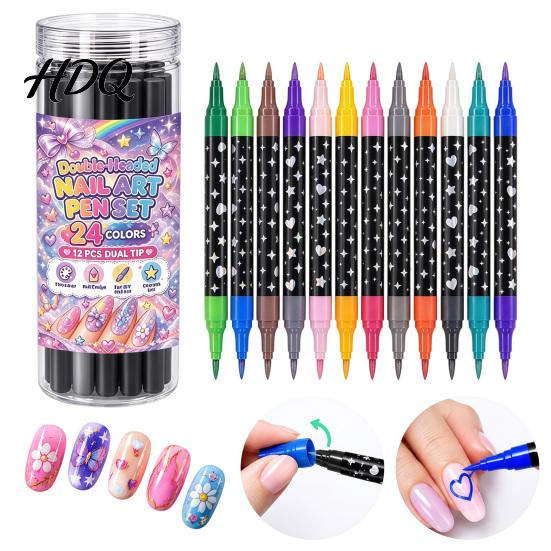 Nail Stippling Pens 12Pcs 24 Color Dual-Ended Art Set Dual Tip Waterproof Drawing Painting for Salon Markers Quick Dry Liner DIY Beginners