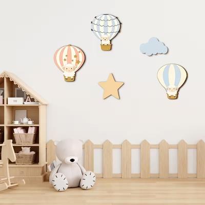 5 Stuks Heteluchtballon Muurdecoratie met Wolk En Ster Kinderkamer Babyborrel Muurkunst Boho Houten Muurhanger Bord voor Slaapkamer Klaslokaal Speelkamer