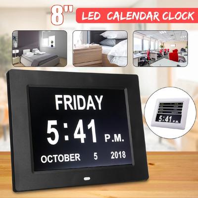 8Inches Calendar Date Day Time Clock LCD Digital Clock Auto Dimming 8 Languages HD Display Reminder Alzheimer'S UK Plug White/black