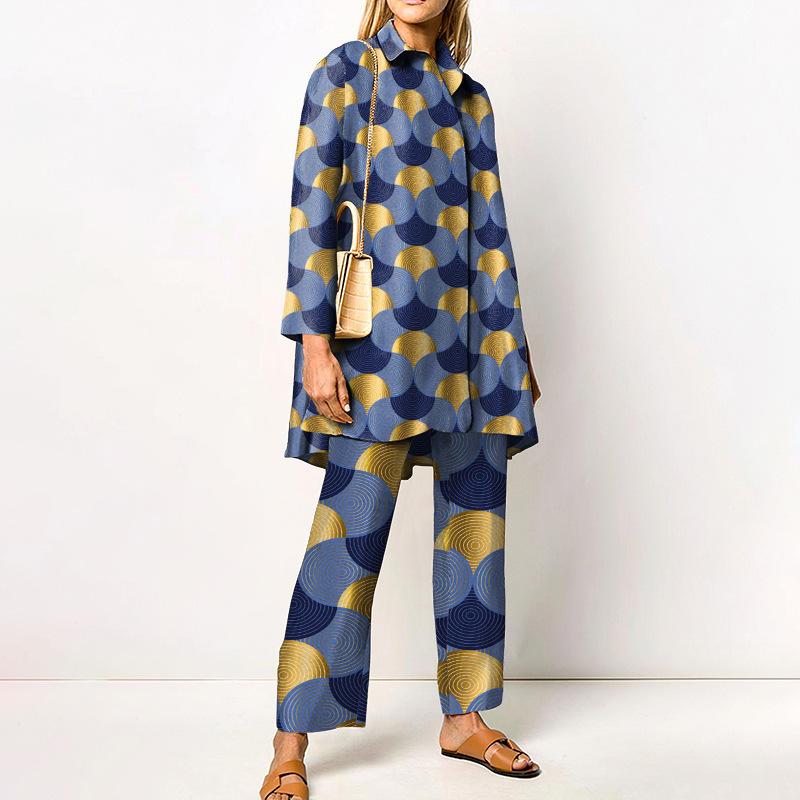 Grünes geometrisches Print Damenhemd und Wide Leg Hosen Kombinationsset