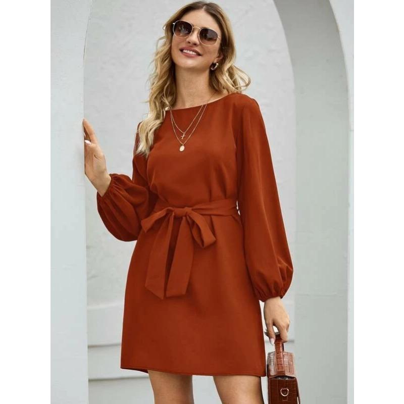 Spring and Autumn Women's Mid-length Long Pure Colour Temperament Commuting Thin Set Head High Waist Dress