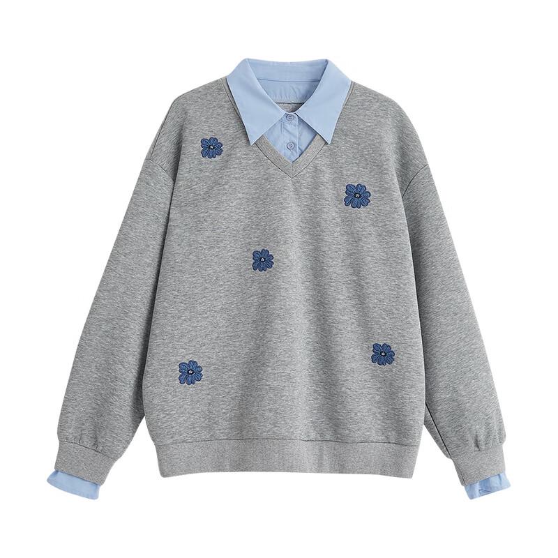 Chuyu Damen Faux Zweiteiliges Denim Blumen Sweatshirt
