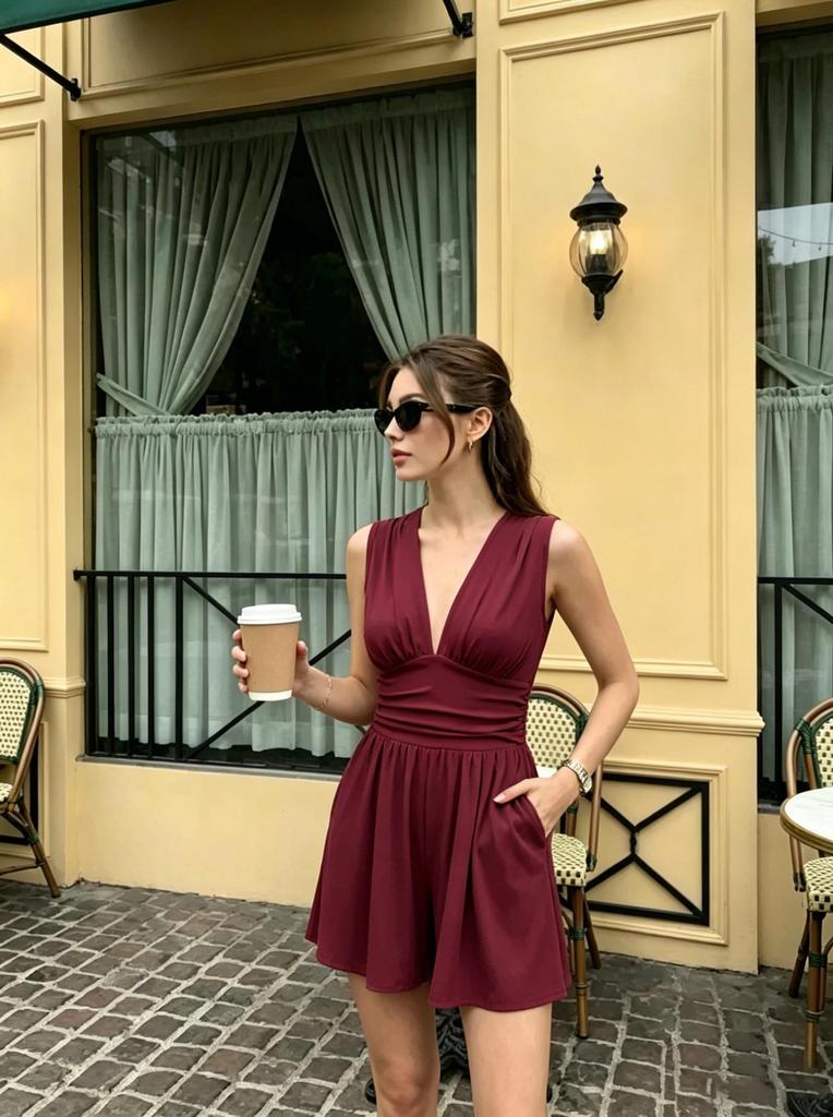 European & American Style Deep V-Neck Sleeveless Jumpsuit, Women's Summer Waist-Cinching Wide-Leg Shorts