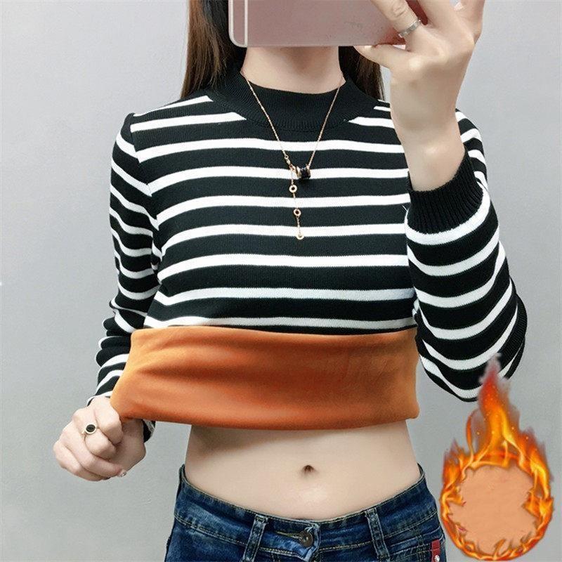 

Женский осенне-зимний вязаный свитер с полосками, пуловер с добавлением бархата и утолщением, базовая рубашка XXS чёрный