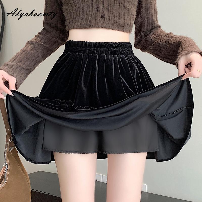 

Осень Зима Женская Черная Вельветовая Мини-юбка с Высокой Посадкой, Юбка для Бального Платья, Милая Сладкая Базовая Женская Юбка с Воланами, Короткие Юбки One Size чёрный