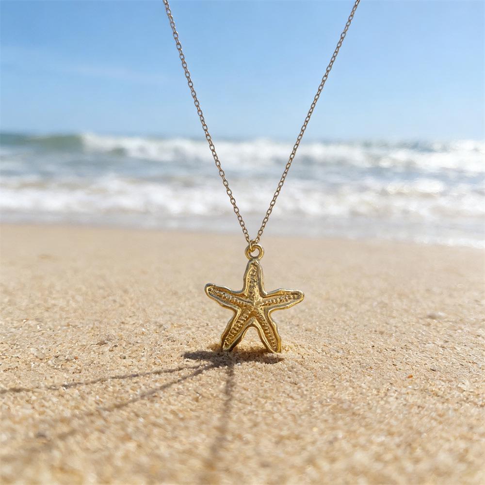 Starfish and Fish Pendant Necklace - European & American Design, Stainless Steel Clavicle Chain, Ocean Retro Style