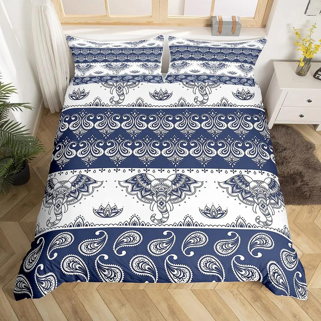 Elephant Soft Duvet Cover Set Ful,Boho Vintage High-End Premium Beding Set Exotic Mplusala Comfortable Quilt Cover Tribal Ethnic Warm Comforter Cover