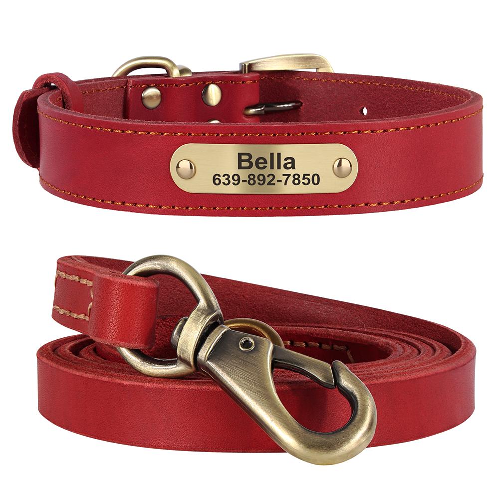 Real Leather Dog Collar Leash Set Personalized Pet Collar With Leash Free Engraving Nameplate For Small Medium Large Dogs