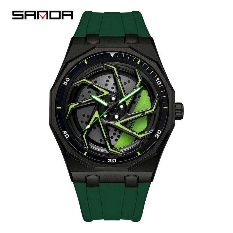 Sanda Men's Waterproof Alloy Car Wheel Design Silicone Wristwatch