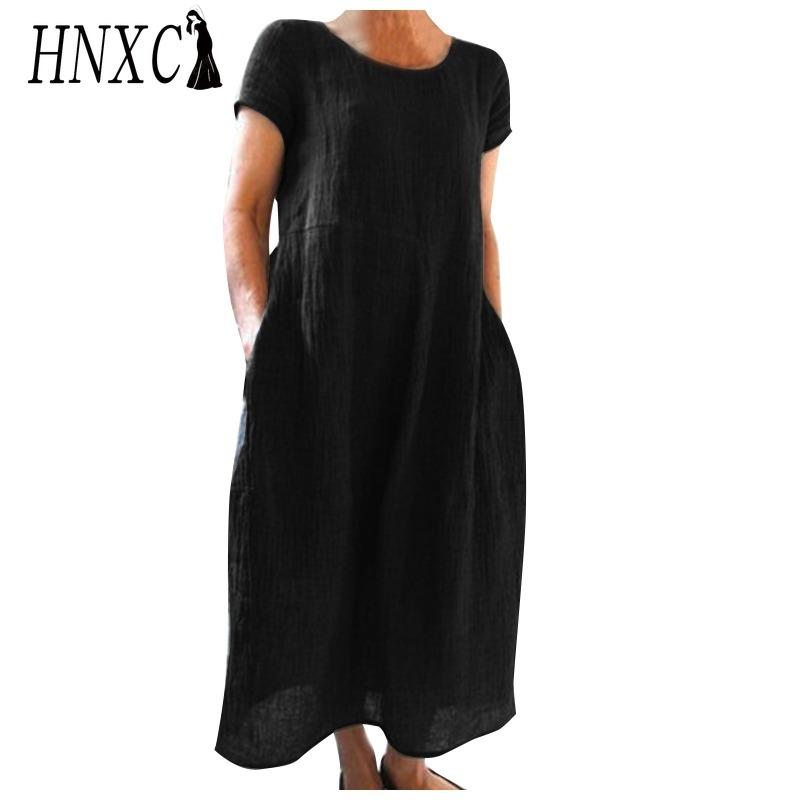 HNXC Women's Fashion Summer Spring Solid Color Print Short Sleeve O-Neck High Waist Casual Dresses