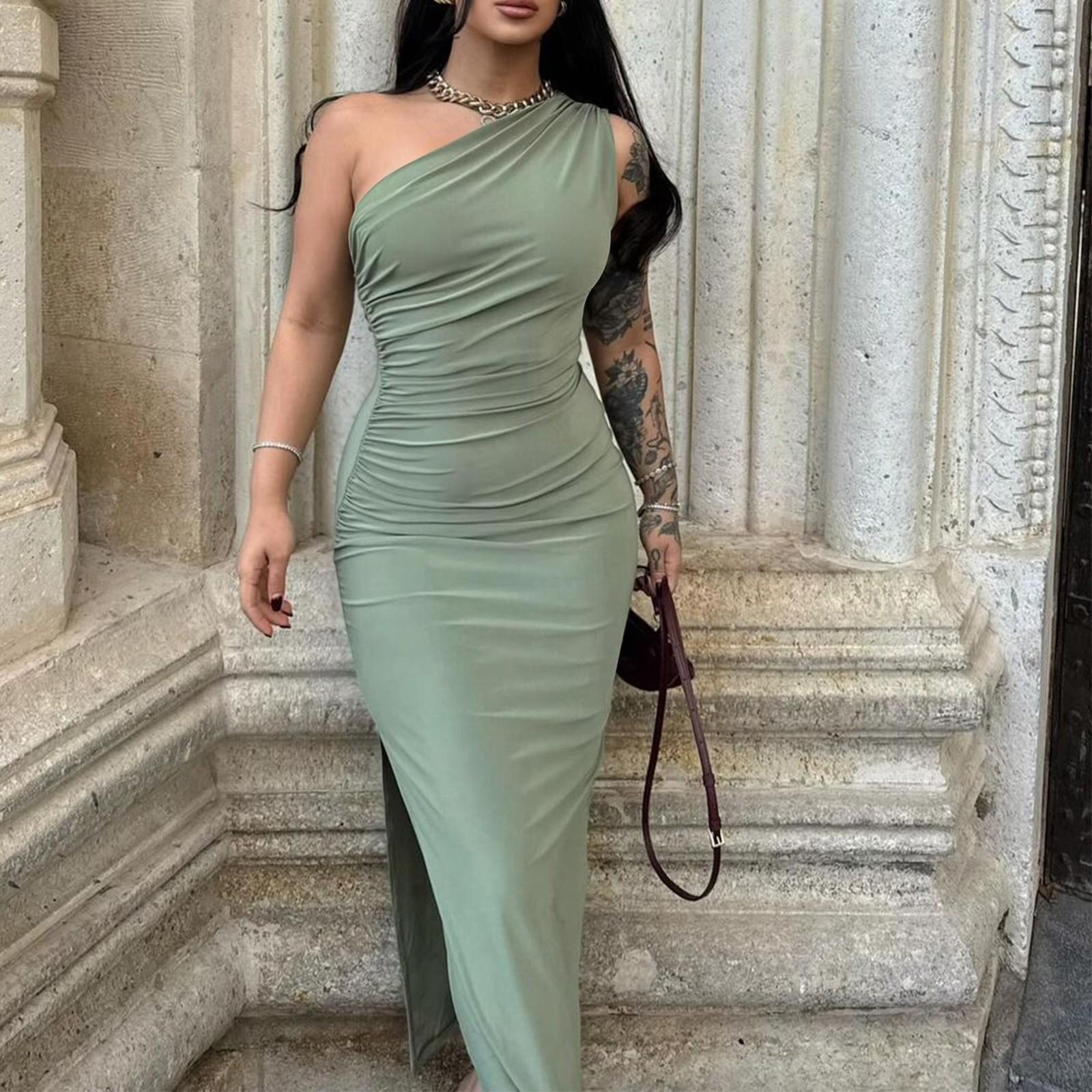 

Женское модное однотонное платье на одно плечо без рукавов с плиссировкой и разрезом, с характером S