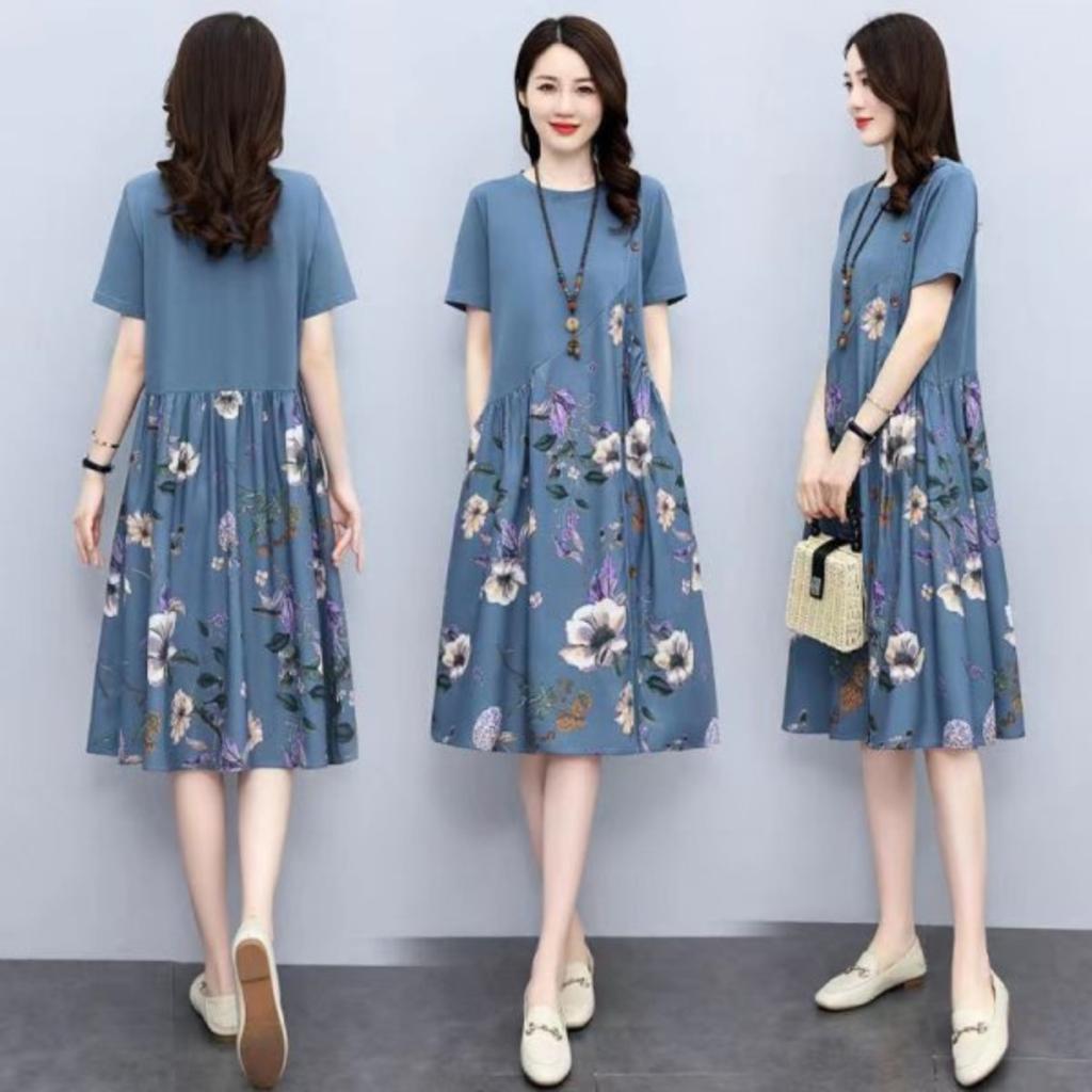 Women's Round Neck Short Sleeve Floral Print A-Line Midi Dress Casual Loose Summer Dress