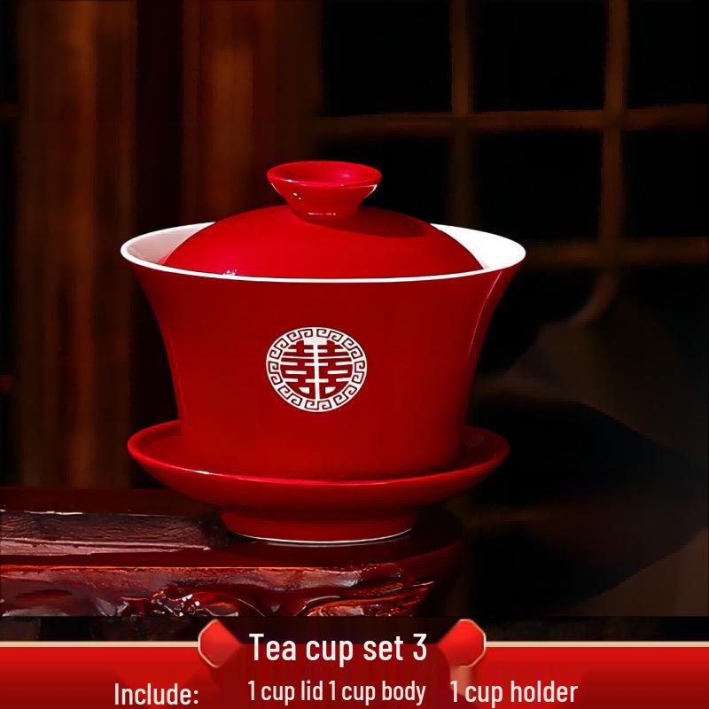 Festive Red Wedding Tea Set: Gaiwan, Chopsticks, Happy Bowl & Pair Bowls