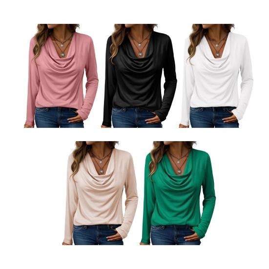 Top da Donna Vestibilità Larga Scollo a V Manica Lunga Camicia Colore Puro Primavera Autunno Blusa Casual Versatile per l'Uso Quotidiano