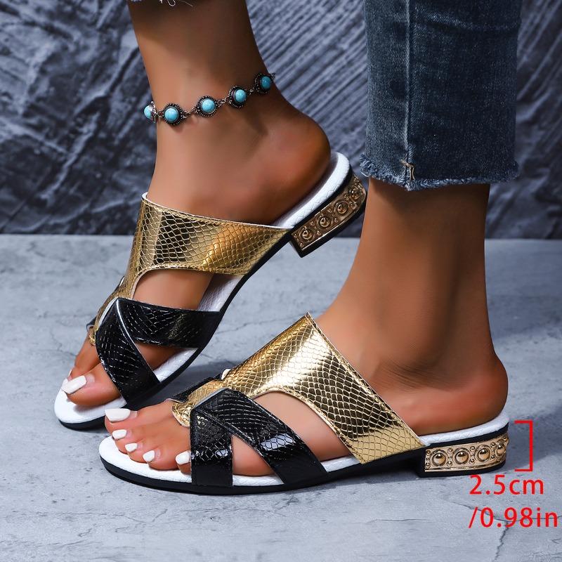 Plus Size Low Heel Slippers Summer New Round Toe Open Toe Cutout Color Block Non-slip Wear-resistant Flip Flops