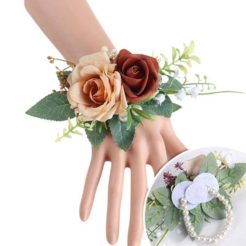 Handmade Flower Wristbands Wrist Flower Realistic Rose Boutonniere for Bridesmaid and Event Decoration Optional Color