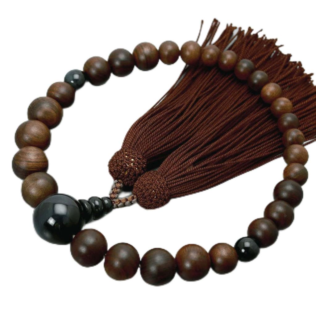 Men's Buddhist Prayer Beads, Kyoto Style, Matte Sandalwood, 28 Beads, Blue Tiger's Eye Stone, Silk Tassel, Suitable for All Sects, Informal Funerals,