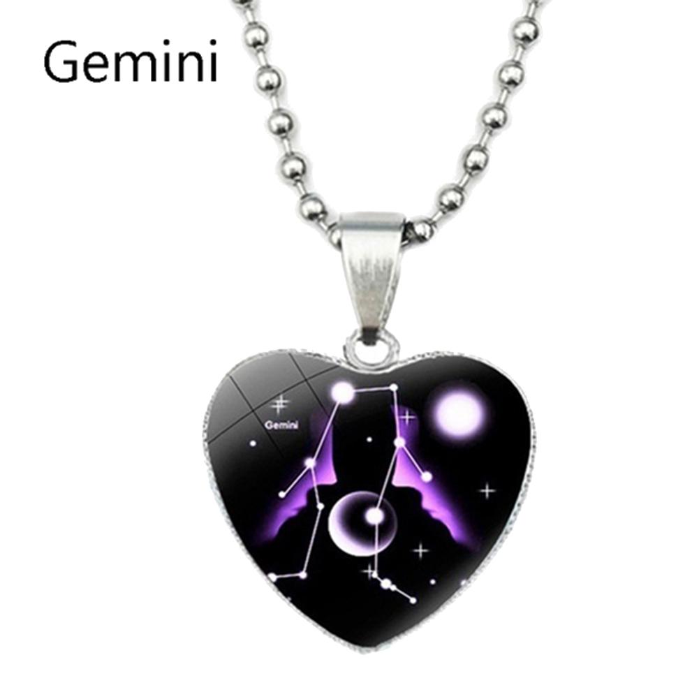 Stylish Women 12 Zodiac Constellations Sign Glass Heart Pendant Necklace Birthday Party Jewelry Gift