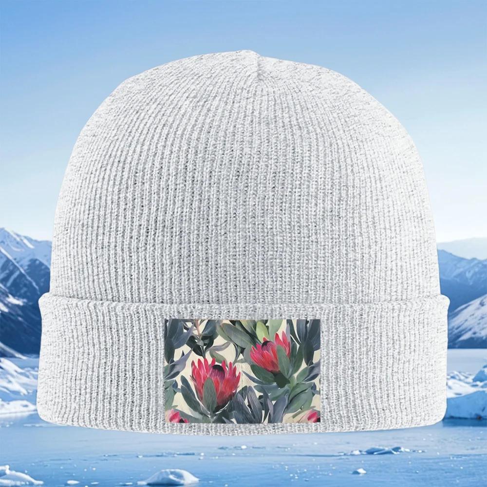 Floral Red Pattern Leaves Artwork Unisex Women Unisex Knitted Hat Beanie Pullover Cap Winter Thermal Warm Christmas Outdoor Cycling