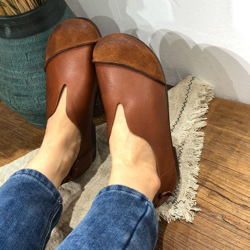 Retro Echtleder Damen Weiche Sohle Flache Schuhe Handgemacht Lässig Flache Runde Zehe Slip-on Loafers
