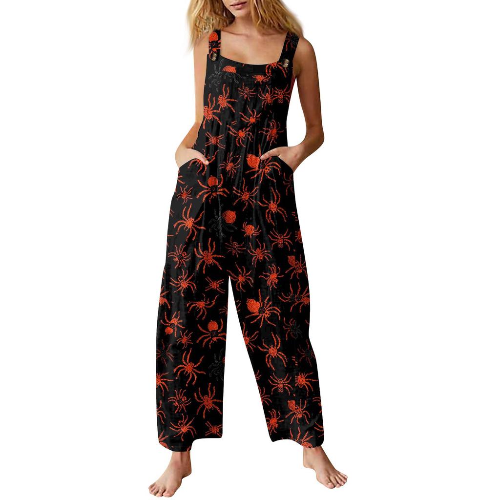 Damenmode Halloween-Print Lässiger Vintage Ärmelloser Knopf-Jumpsuit