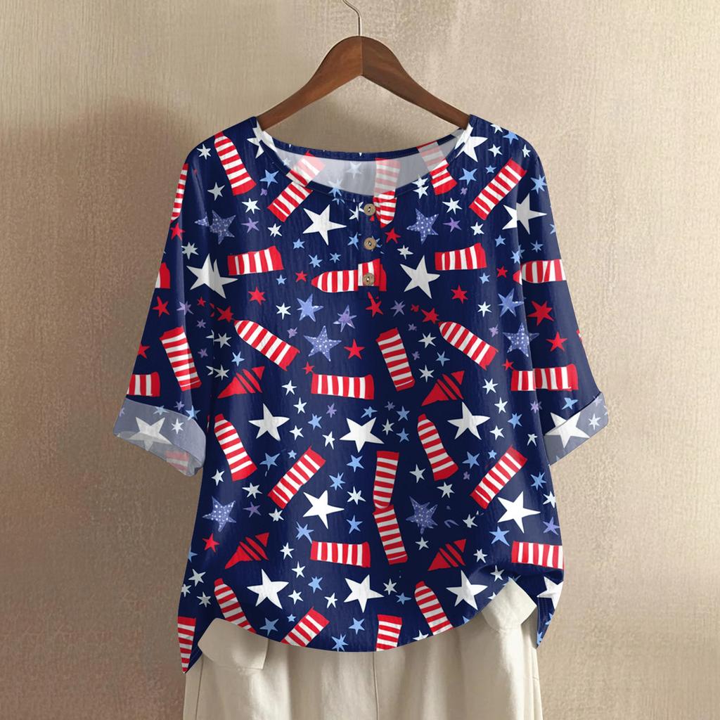 Women's Fashionable And Casual Shirt Half-sleeve Round Neck Print Cotton And Linen Blouse Top