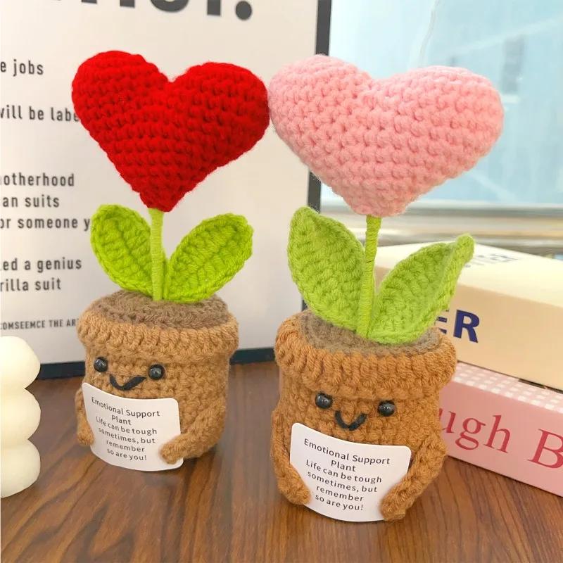 Positive Energy Heart Sunflower Handmade Knitted Emotional Support Crochet Doll Hug Pocket With Positive Card Decoration Gifts