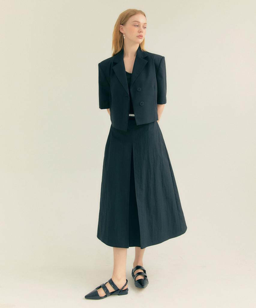 THEFRHT Cotton Pleated A-Line Long Skirt Black