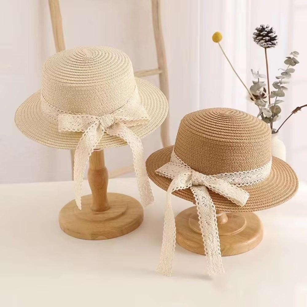 Fashion Lace Bow Straw Hat Foldable UV Protection Sun Visor Cap Breathable Sunshade Beach Hat for Girls