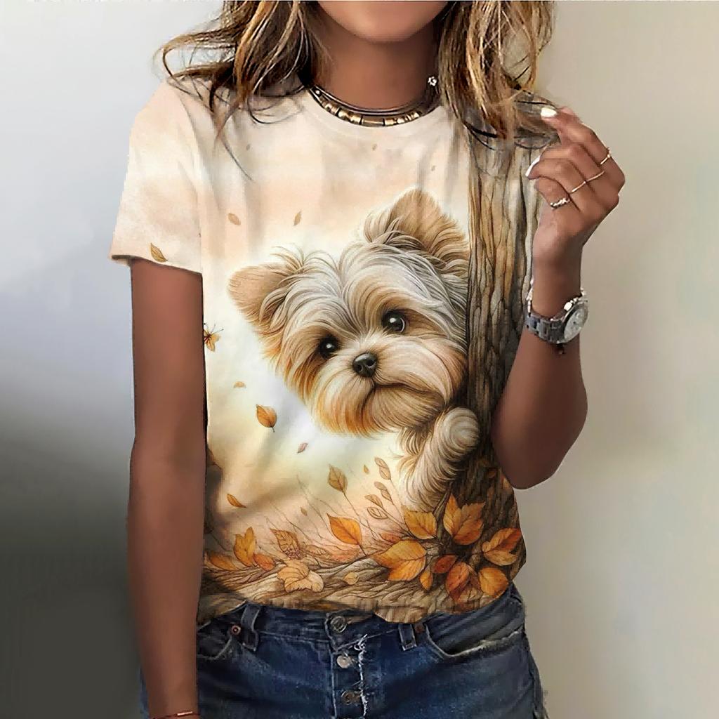 Fun animal pattern women's T-shirt cat print casual short sleeved top