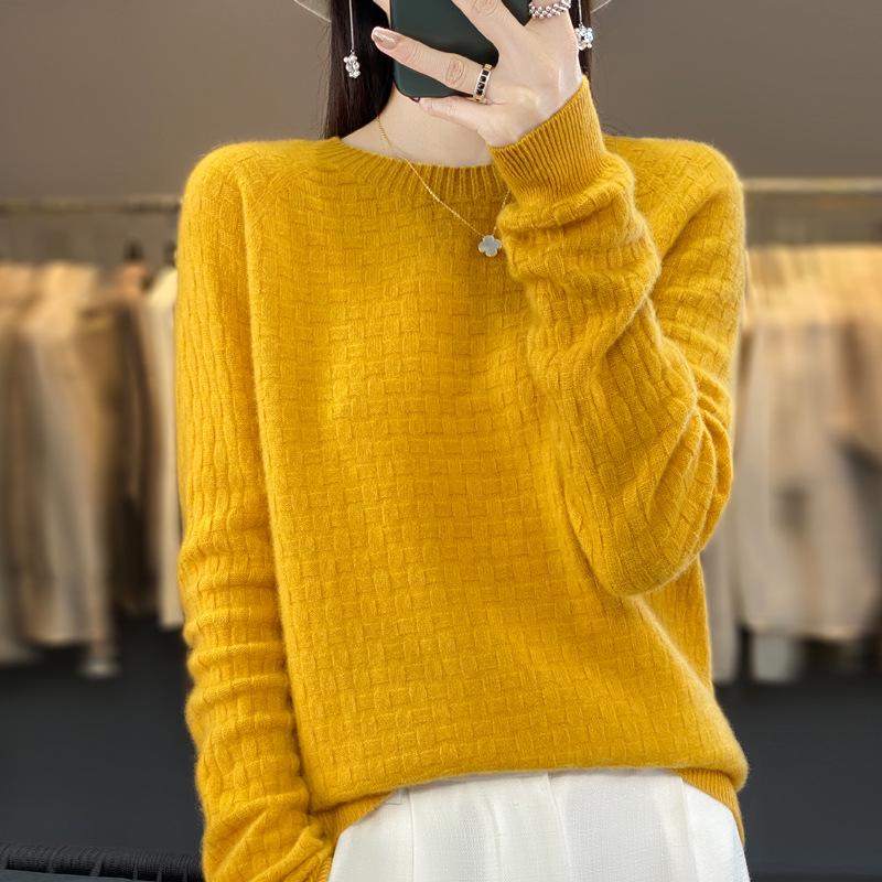 Women's Cashmere Waffle Knit Cardigan - Versatile Round Neck Sweater for Autumn/Winter