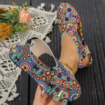 Fashion 2025 Summer New Flat Printed Toe Ring Roman Style Slides Women Cross-border Plus Size Ethnic Sandals Style Cool Slippers Women