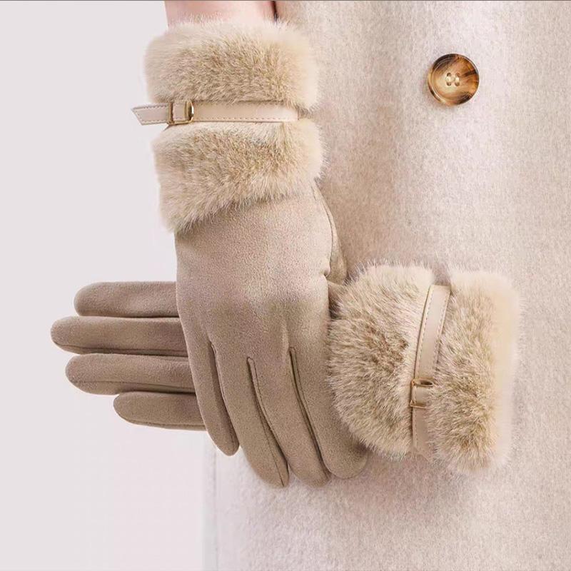 New Women Autumn and Winter Warm Gloves Korean Version Plush Fashionable Temperament Gloves Touch Screen Windproof Suede Gloves