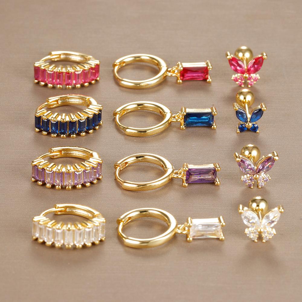 3PCS Gold Color Crystal Square Hoop Earrings Set For Women Butterfly Pendant Cartilage Tragus Helix Ear Stud Fashion Jewelry