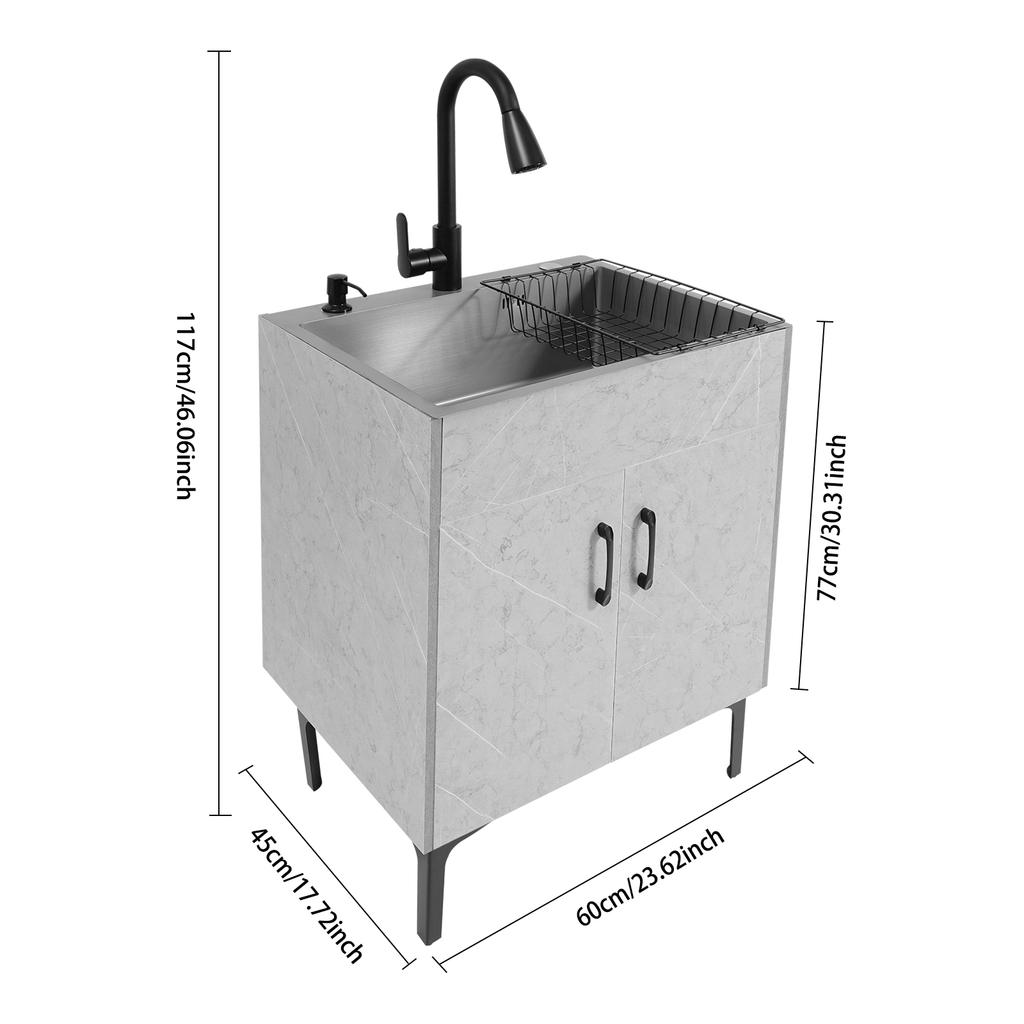Dulap Chiuvetă de Bucătărie Autoportant cu Baterie Extensibilă, Chiuvetă de Utilitate pentru Spălătorie din Oțel Inoxidabil Gri cu Picurător